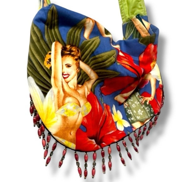 Handmade Hawaiian Aloha Pinup Girl Floral Purse Vintage Beaded Shoulder Bag - Picture 5 of 16